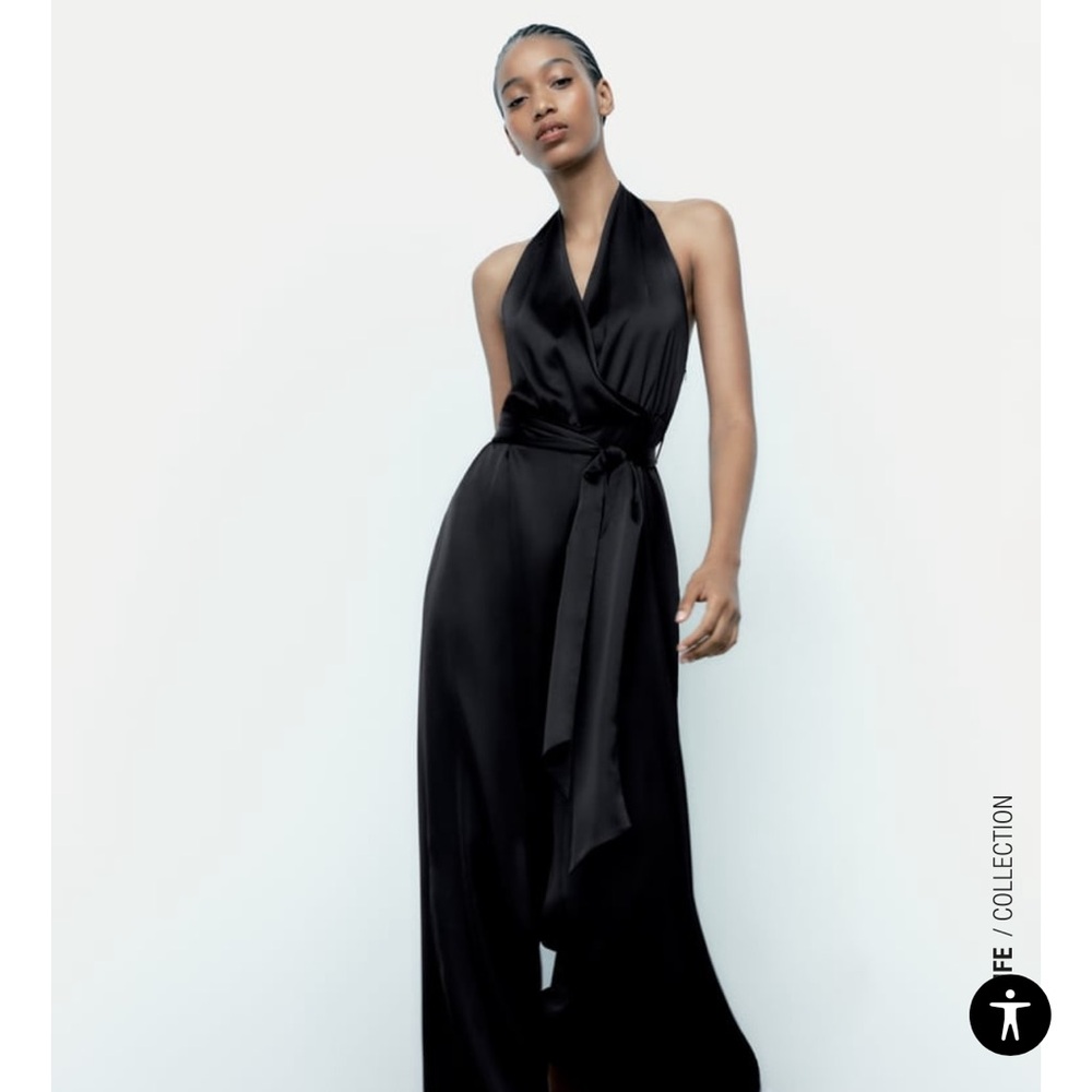 SATIN EFFECT HALTER JUMPSUIT XS ZARA BLACK